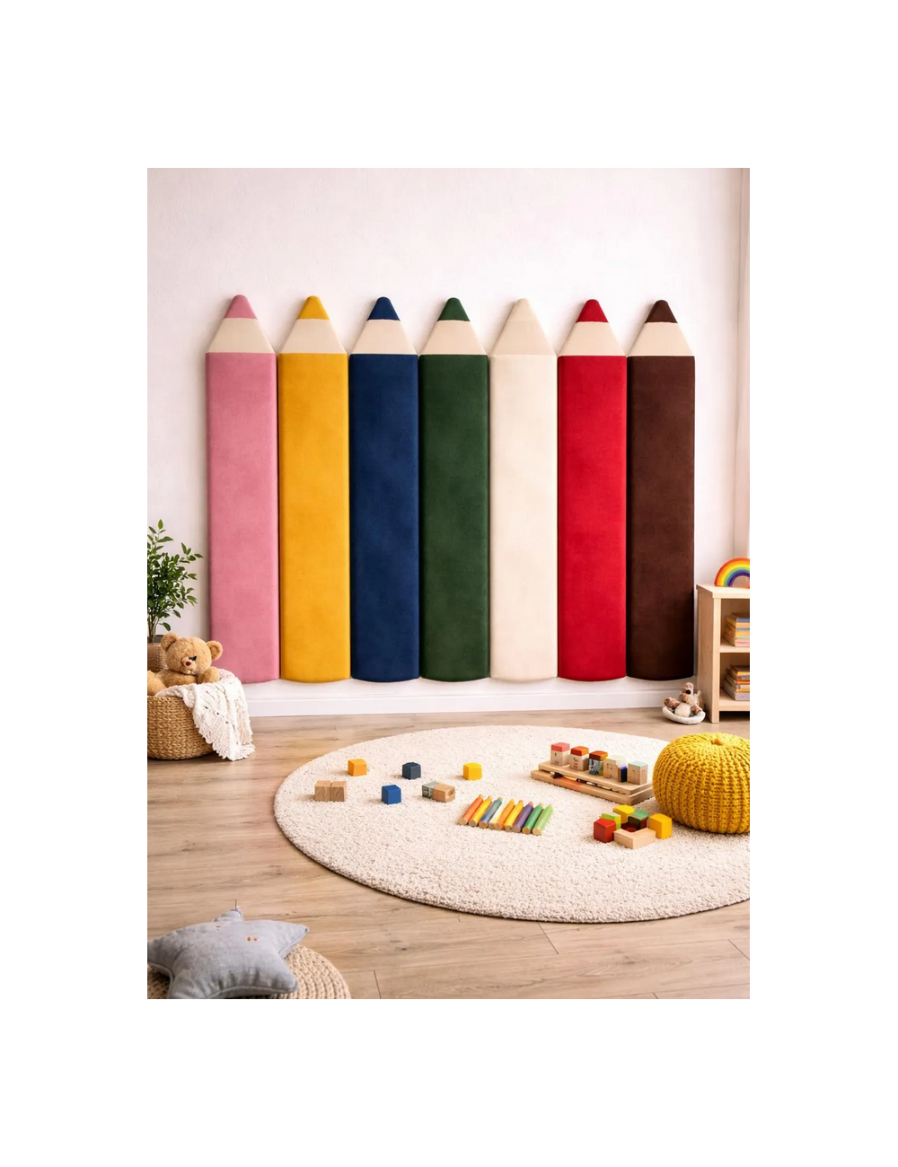 Velvet Crayon Pencil Wall Panels – Montessori Nursery Decor | Soft Kids Wall Panels | Playroom Wall Design 110cm
