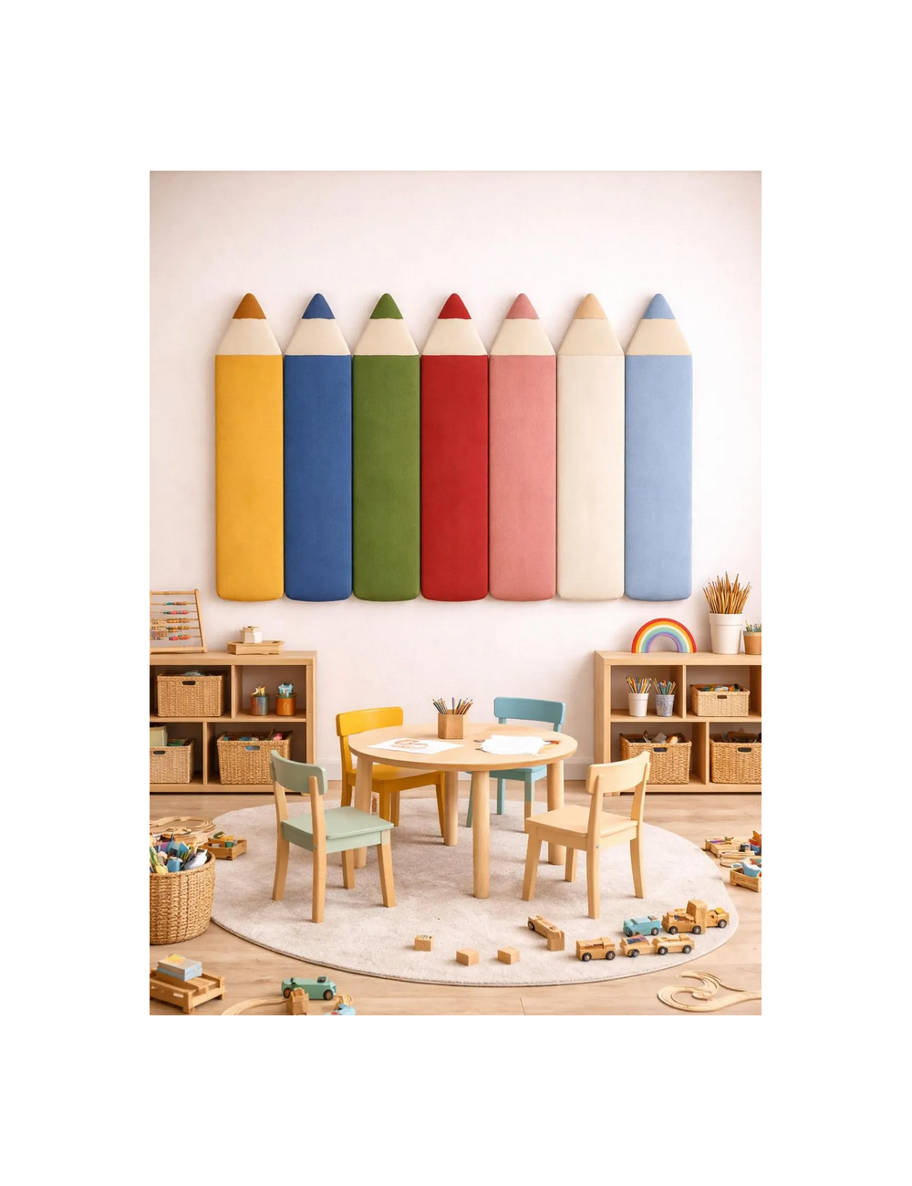 Velvet Crayon Pencil Wall Panels – Montessori Nursery Decor | Soft Kids Wall Panels | Playroom Wall Design 110cm