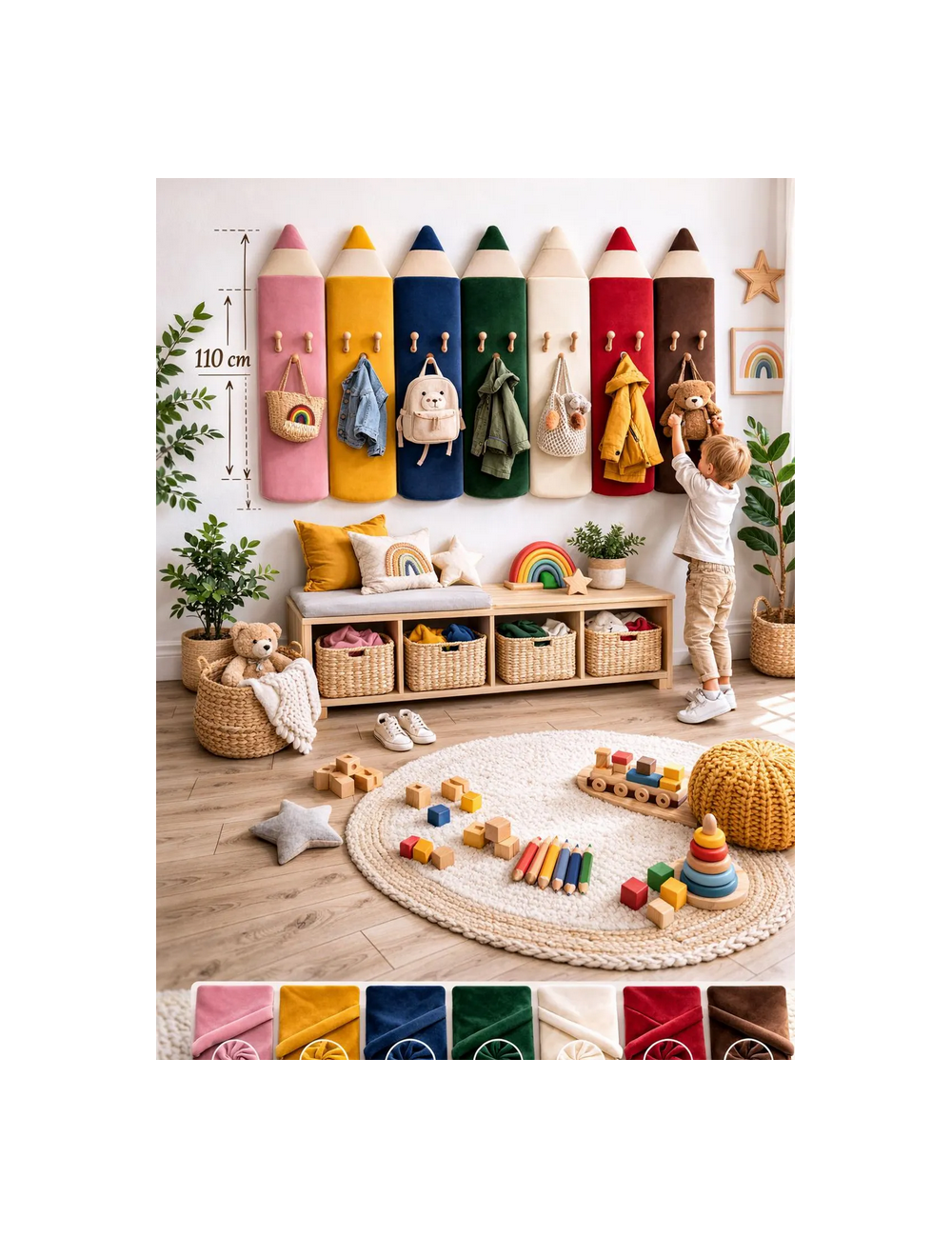 Velvet Crayon Pencil Wall Panels – Montessori Nursery Decor | Soft Kids Wall Panels | Playroom Wall Design 110cm