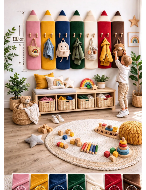 Velvet Crayon Pencil Wall Panels – Montessori Nursery Decor | Soft Kids Wall Panels | Playroom Wall Design 110cm