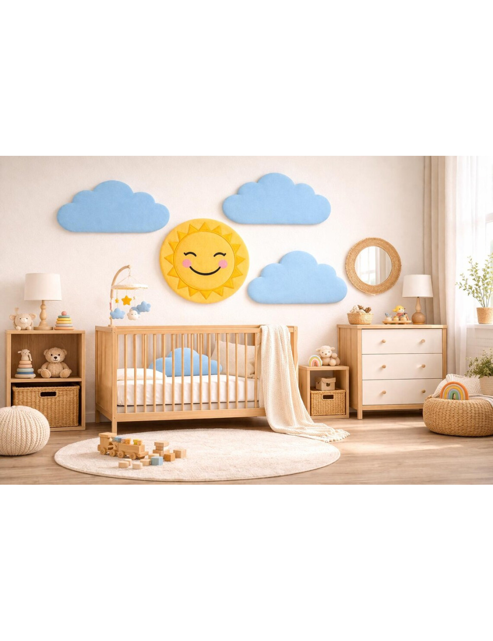 Velvet Cloud & Sun Wall Panels Set Nursery Wall Decor, Baby Room Decor Scandinavian Style