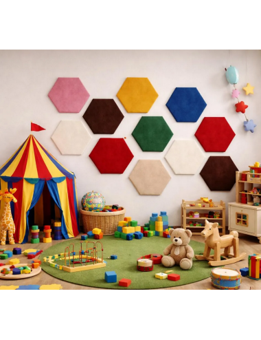 Velvet Hexagon Wall Panels – Montessori Nursery Decor | Upholstered Acoustic Wall Tiles for Kids Room