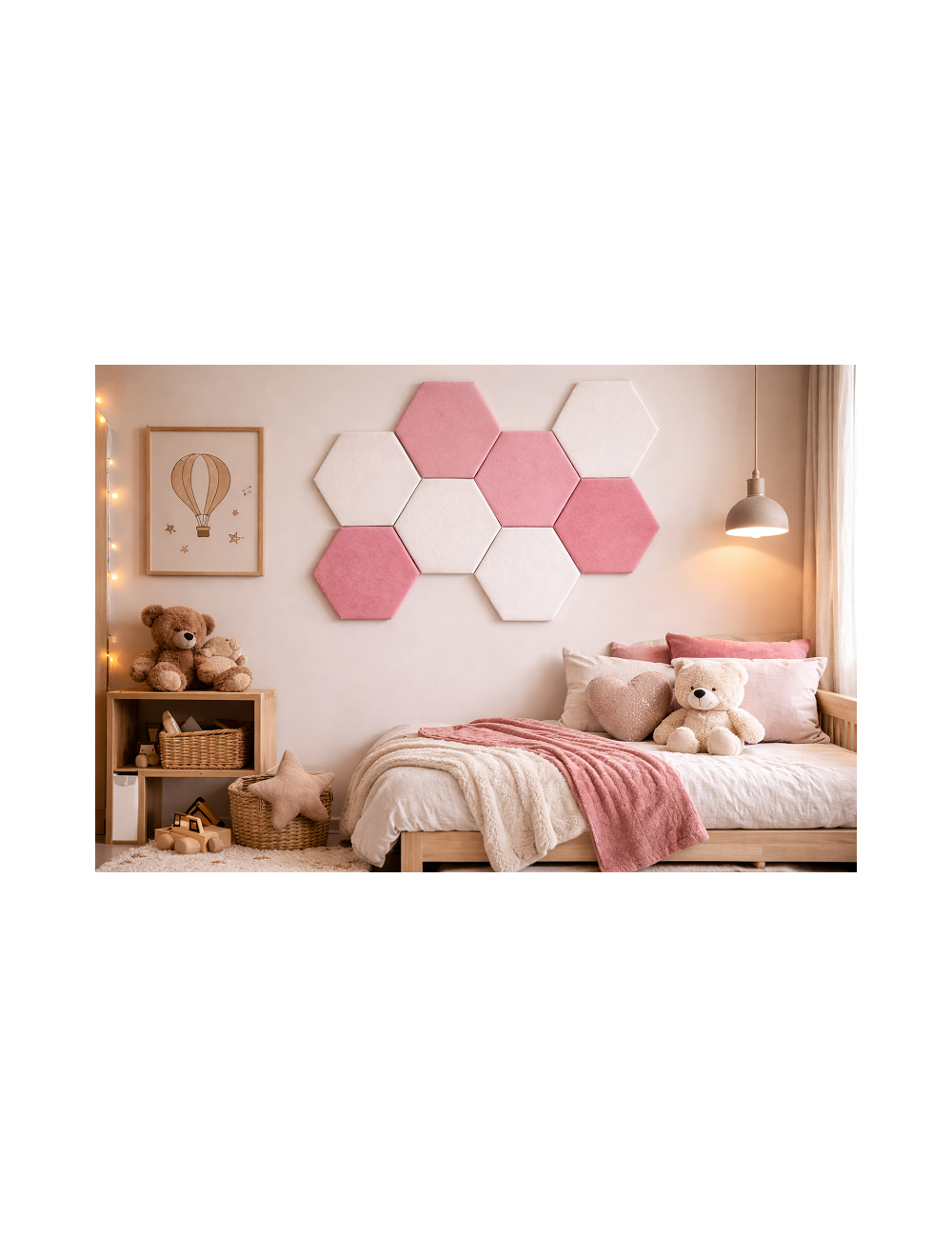 Velvet Hexagon Wall Panels – Montessori Nursery Decor | Upholstered Acoustic Wall Tiles for Kids Room