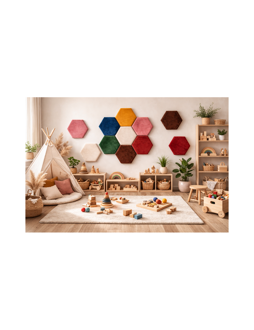 Velvet Hexagon Wall Panels – Montessori Nursery Decor | Upholstered Acoustic Wall Tiles for Kids Room