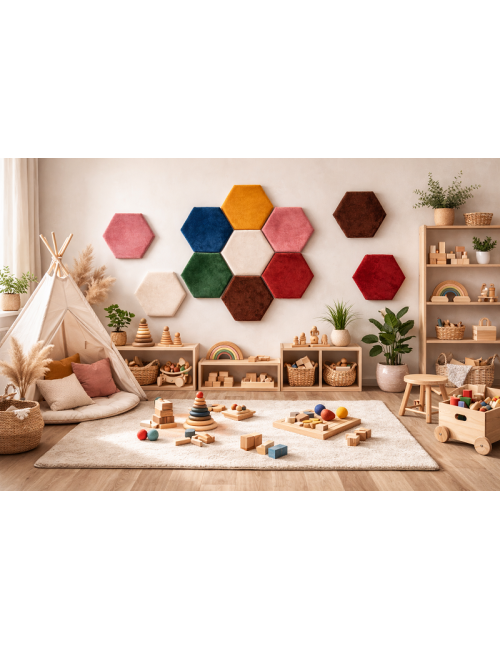 Velvet Hexagon Wall Panels – Montessori Nursery Decor | Upholstered Acoustic Wall Tiles for Kids Room
