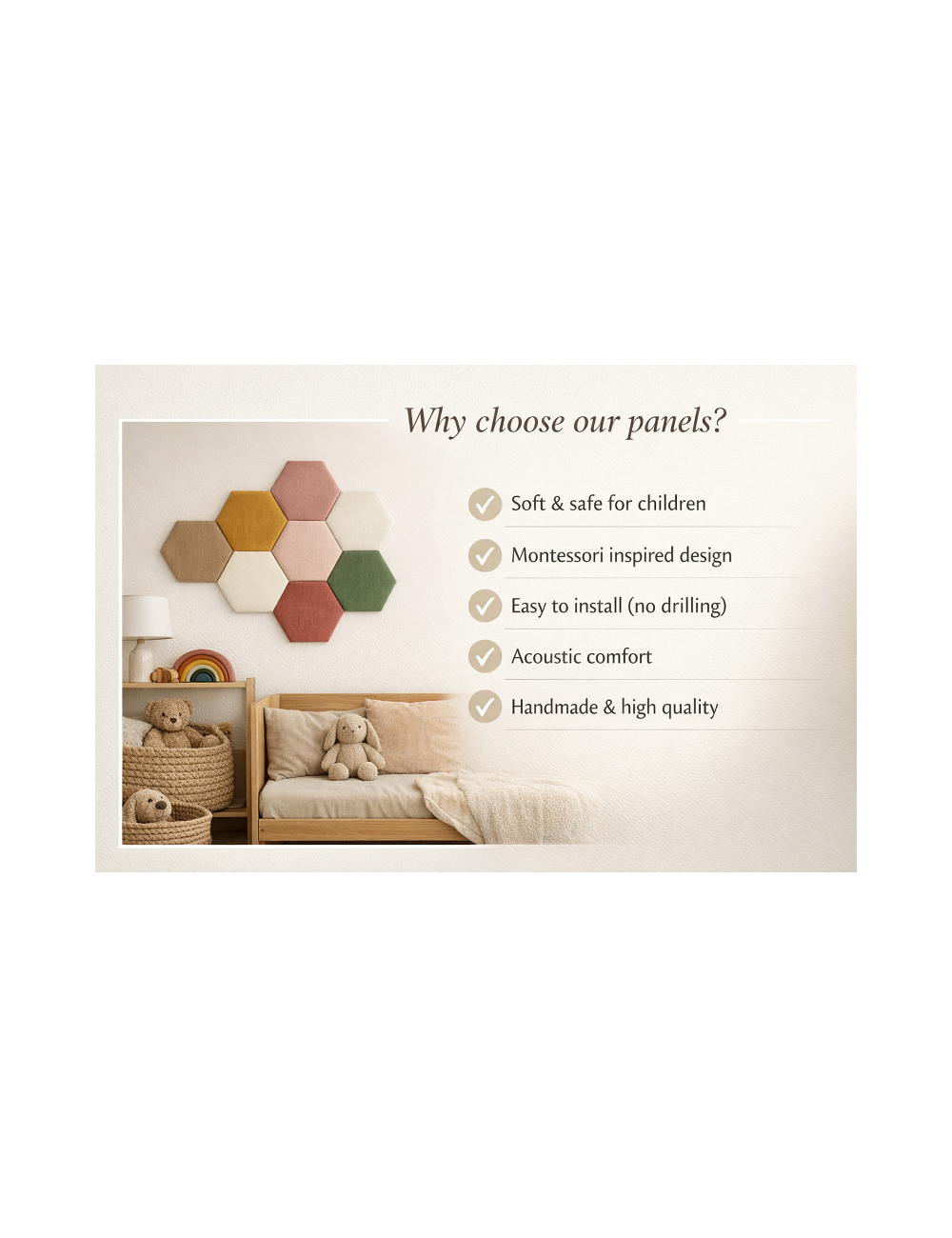 Velvet Hexagon Wall Panels – Montessori Nursery Decor | Upholstered Acoustic Wall Tiles for Kids Room