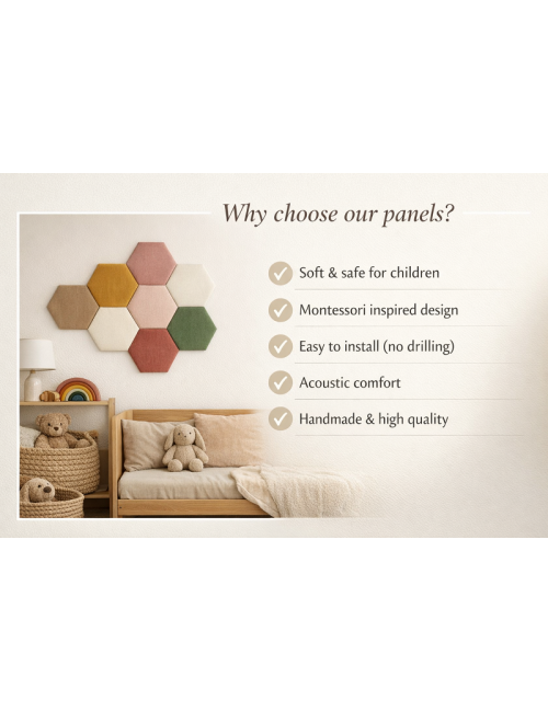 Velvet Hexagon Wall Panels – Montessori Nursery Decor | Upholstered Acoustic Wall Tiles for Kids Room