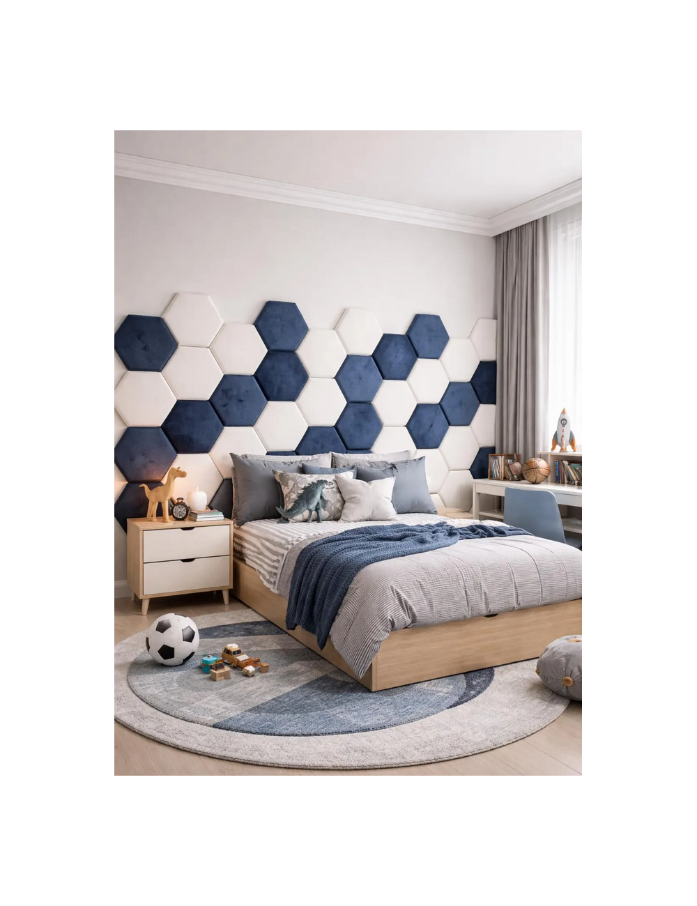Velvet Hexagon Wall Panels – Montessori Nursery Decor | Upholstered Acoustic Wall Tiles for Kids Room