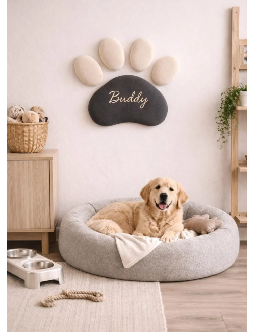 Personalized Dog or Cat Paw Wall Decor | Velvet Upholstered Pet Wall Panel | Custom Pet Name | Pet Corner Deco