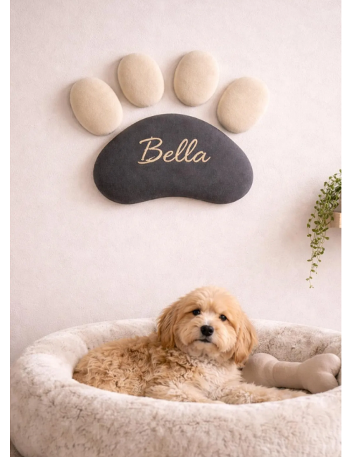 Personalized Dog or Cat Paw Wall Decor | Velvet Upholstered Pet Wall Panel | Custom Pet Name | Pet Corner Deco