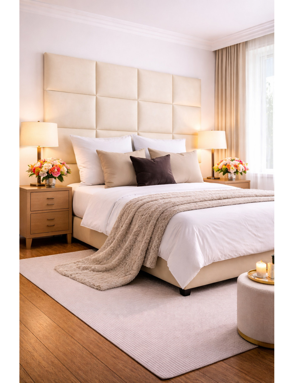 Upholstered Wall Panels Headboard Genuine Leather White