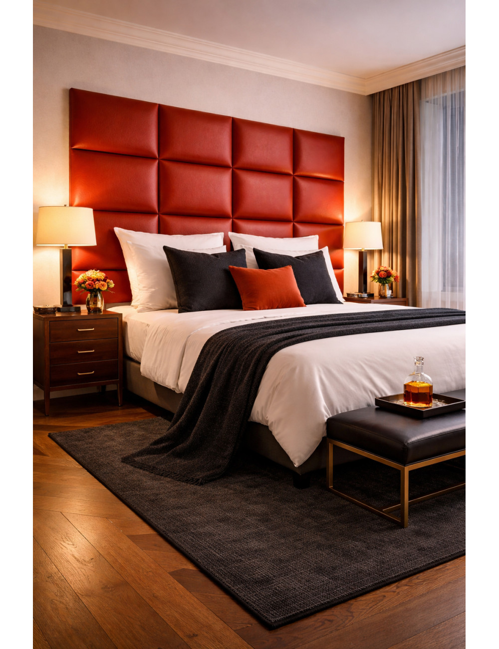 Upholstered Wall Panels Headboard Genuine Leather Red