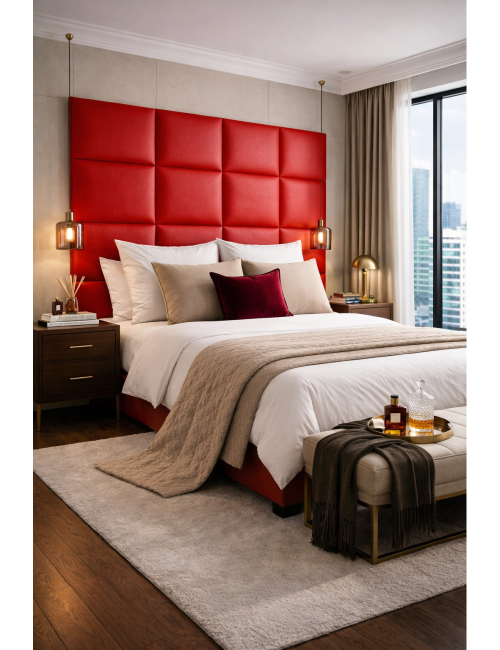 Upholstered Wall Panels Headboard Genuine Leather Red