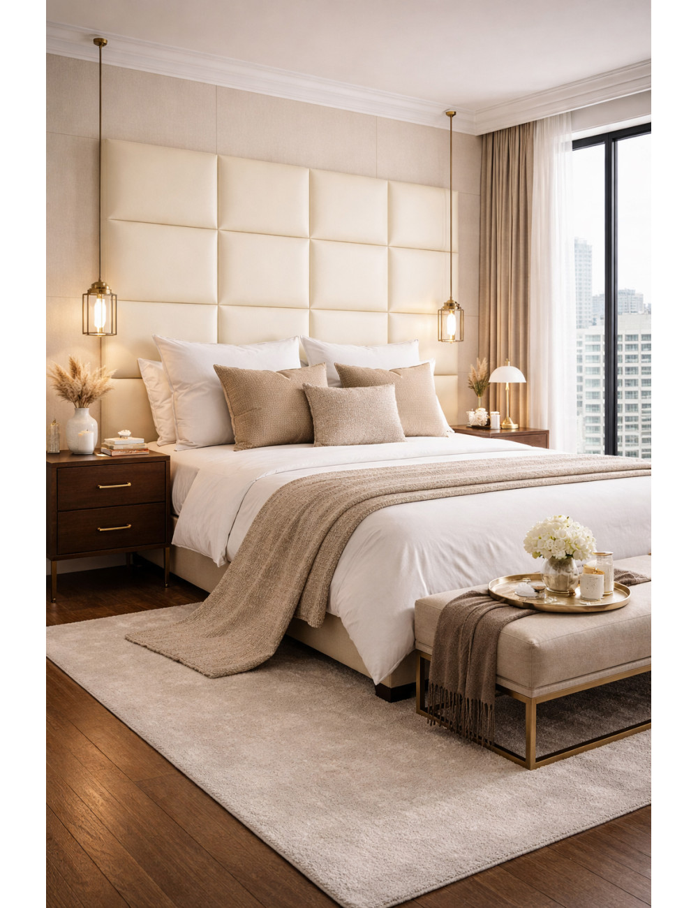 Upholstered Wall Panels Headboard Genuine Leather Cream