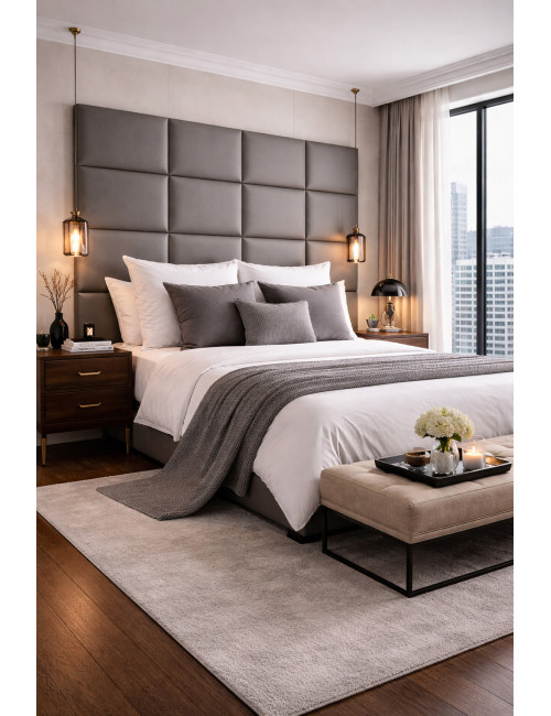 Upholstered Wall Panels Headboard Genuine Leather Grey
